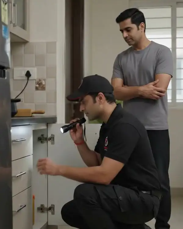 TerminatorZ technician inspecting under a kitchen cabinet with a torch